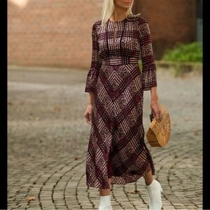 LK Bennett Alys Ruby Silk Check Long Sleeve Dress